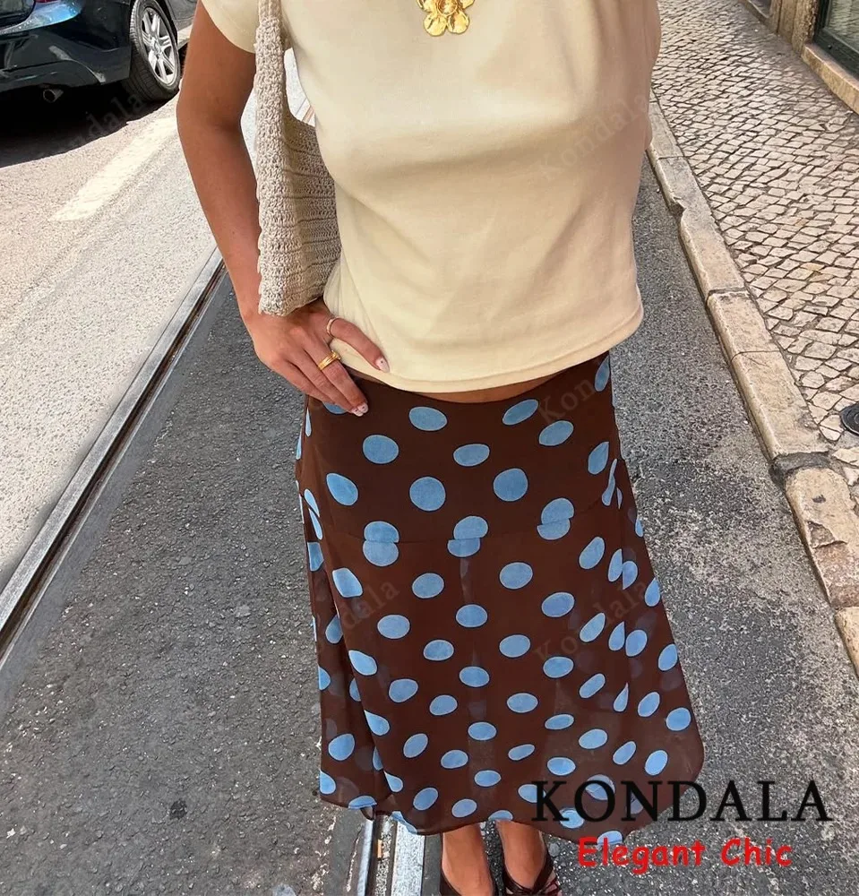 KONDALA أنيقة الأزرق البولكا نقطة تنورة المرأة غير المتكافئة الشيفون ميدي تنورة 2025 الصيف موضة العطلات تنورة سيدة عادية