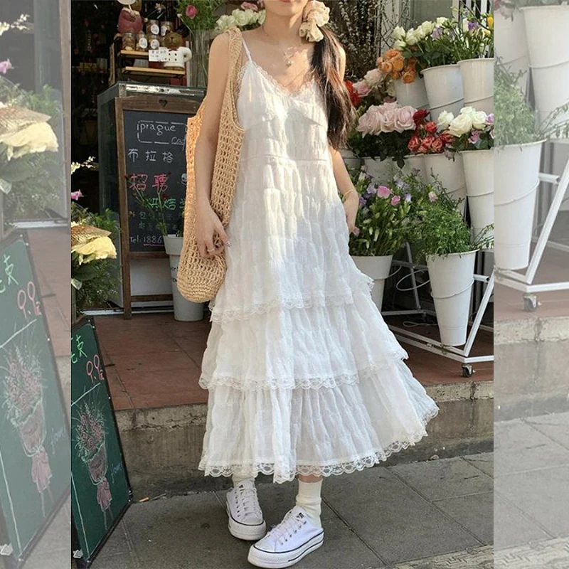 White Midi Dress Women Boho Lace Jacquard High Waist Sleeveless Ruffles Dress