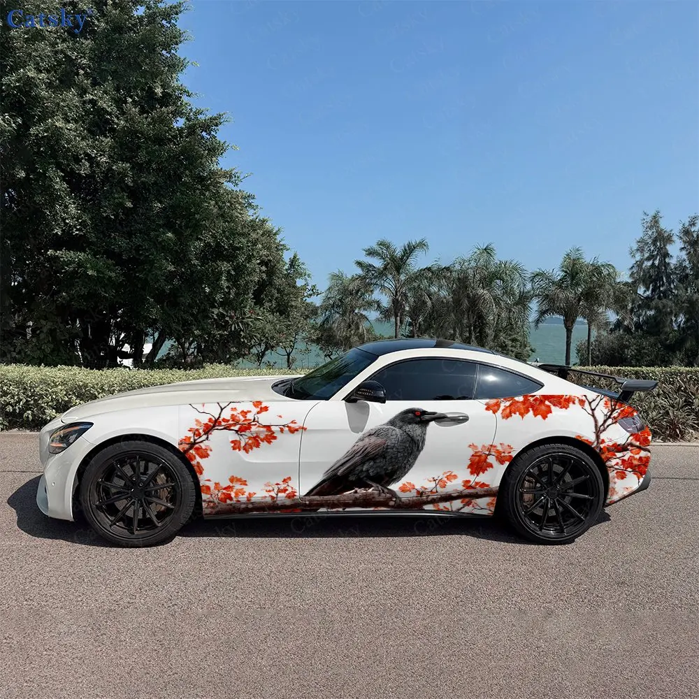 2pcs Autumn Scene Twig Raven Car Side Wraps, Self-Adhesive PVC Waterproof & Scratch-Resistant Stickers, Car Accessory Gift