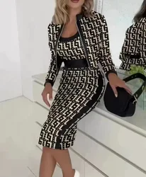 3 conjunto de duas peças para mulheres outono inverno espaguete topo e saia define elegante escritório houndstooth impressão vestido com casaco terno