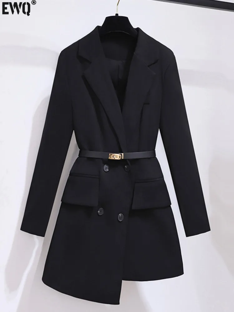 

[EWQ] Fashion Double Breasted Blazer Coats Sashes Irregular Black Suits Dresses Solid Women's Clothing 2024 Autumn New 16O1287