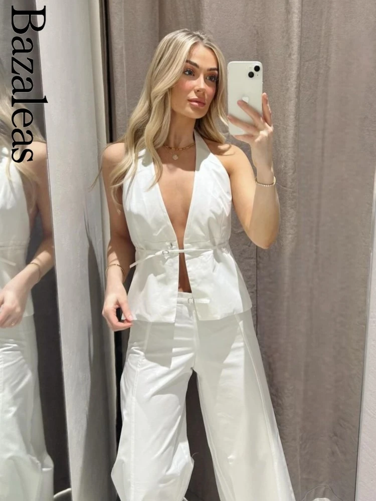 Elegant White Crop Top With Belt Traf Official Summer Beach Tank Top Women Streetwear V Neck Choker Camis Bustier Top  Store