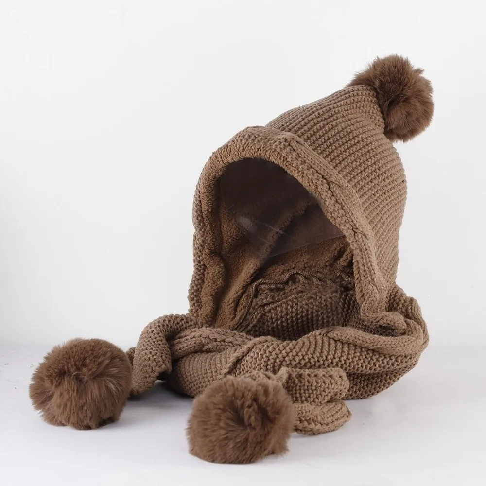 Милая вязаная шапка, шарф, комплект, грелка для шеи, защита ушей, женский шарф с капюшоном, корейский стиль, утепленный шейный платок, осень