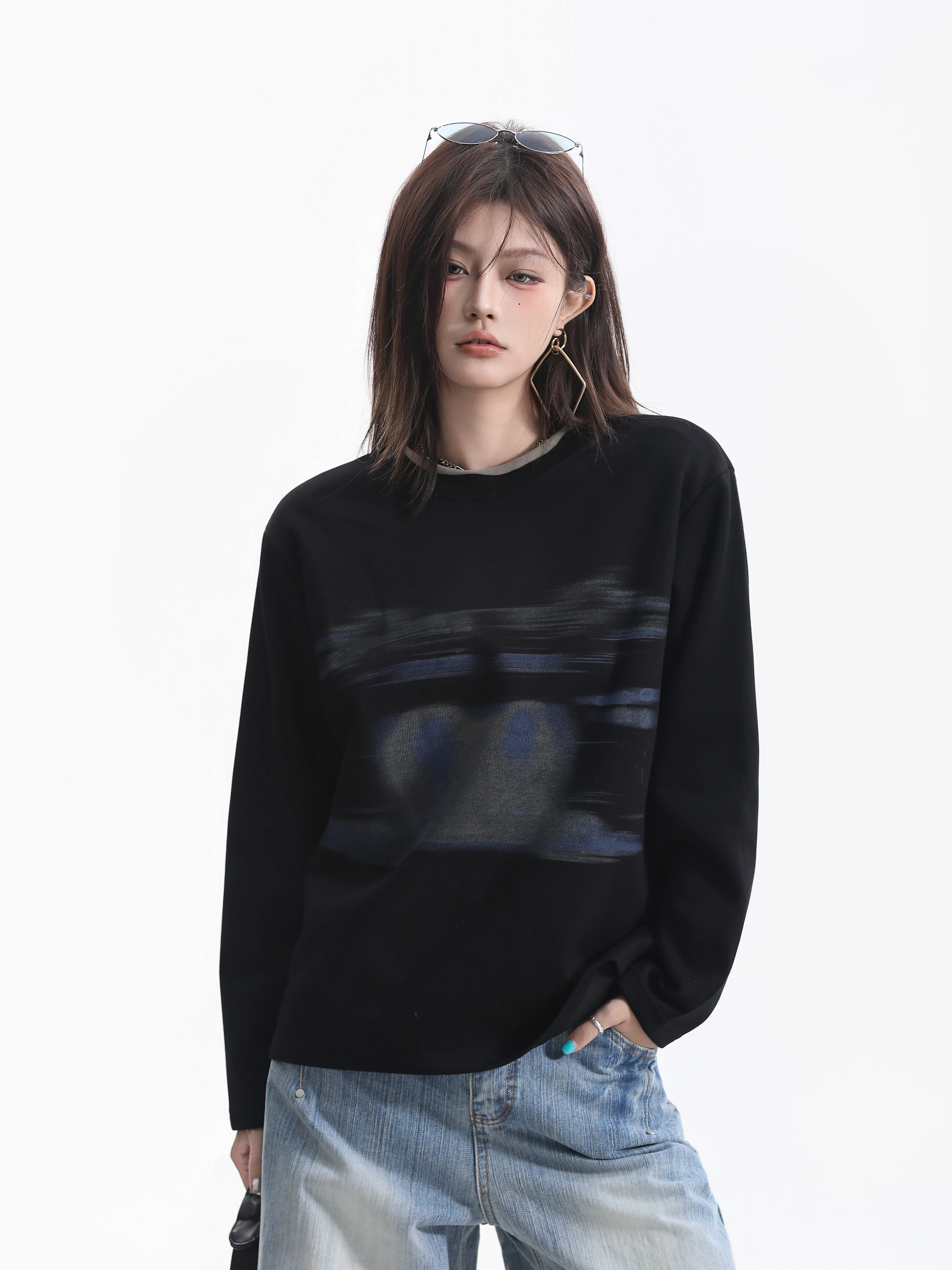Loose Long Sleeve Abstract Print T-Shirt Women's Fake Two-Piece Street Style Casual Cotton Polyester Blend Couple Tops