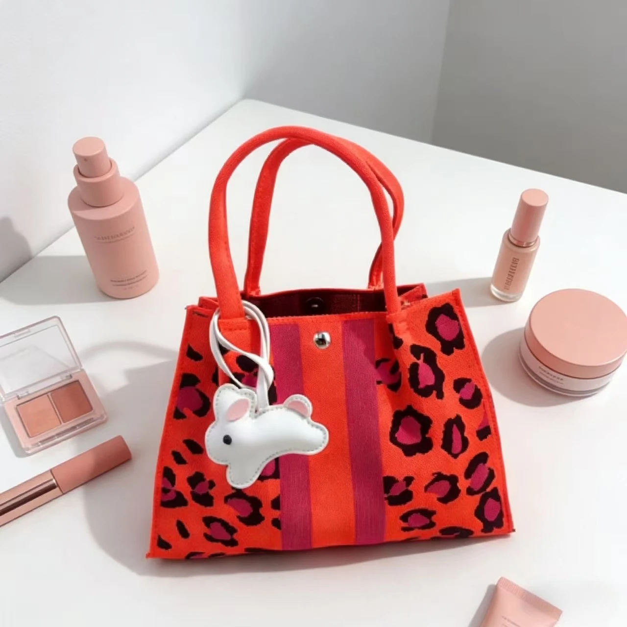 European and American Urban Trendy Leopard Print Striped Knitted Cute Bunny Charm Handbag