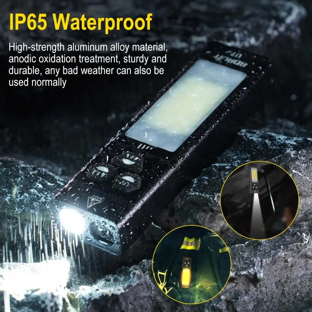 BORUiT U7 1100LM UV LED EDC مصباح يدوي Type-C بنك الطاقة القابل لإعادة الشحن ضوء العمل الشعلة مع فانوس جيب التخييم المغناطيسي