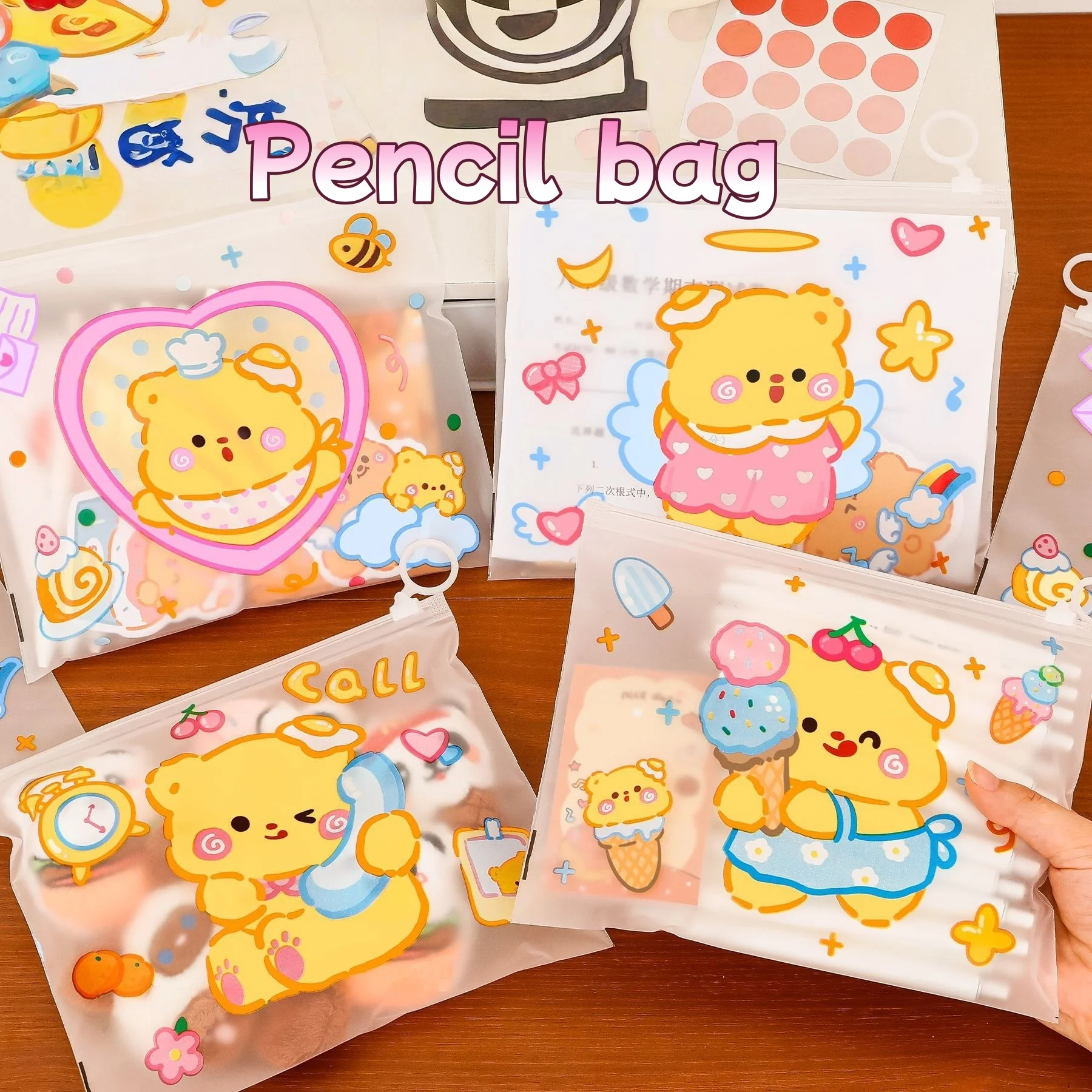 Class Reward Bear Pencil Bag Milk Yellow PVC File Holder for Students Cute Stationery Storage Pouch Stationery Bags