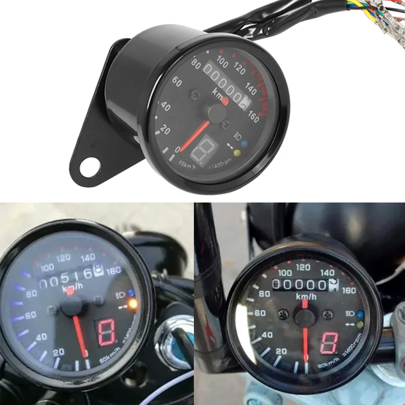 Universal Motorcycle Modified Speedometer 160km/h Mechanical Odometer Gear Display Tachometer Retro Round Gauge Indicator Lights