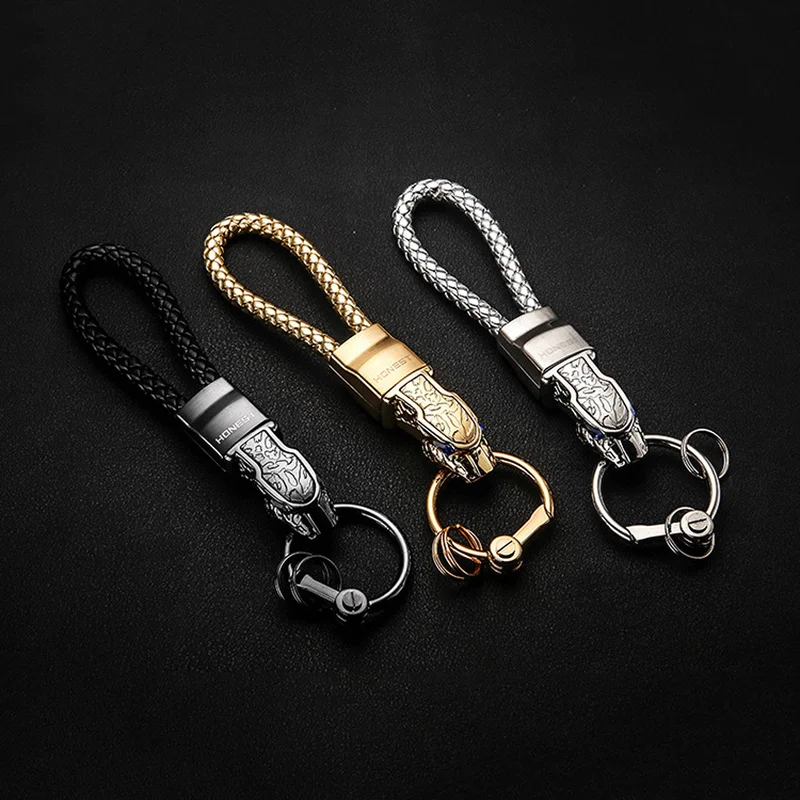 Creative LED Light Leopard Head Model Head Leather Car Key Chain Ring Braided Rope Pendant Car Styling Car Accessories Gifts