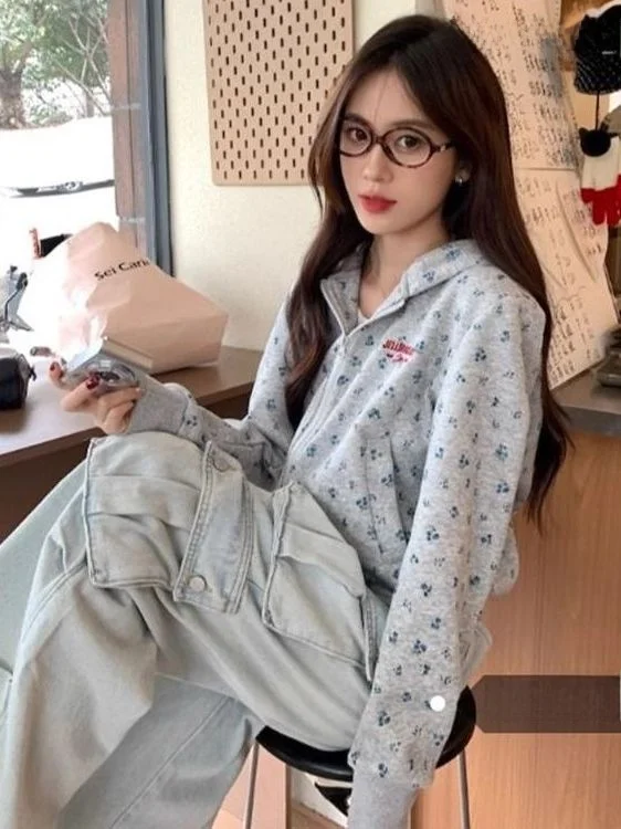 

Модная толстовка с цветочным принтом, свободного кроя, на молнии, повседневная, укороченная, для женщин, весна-осень, новинка