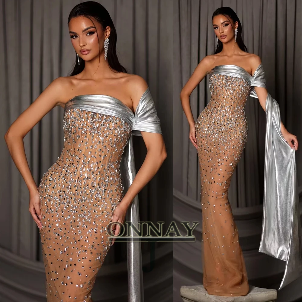 

Customized Sexy Mermaid Crystals Evening Dresses Strapless for Women Long Dubai Saudi Vestidos De Fiesta Formal Party Gown Plus