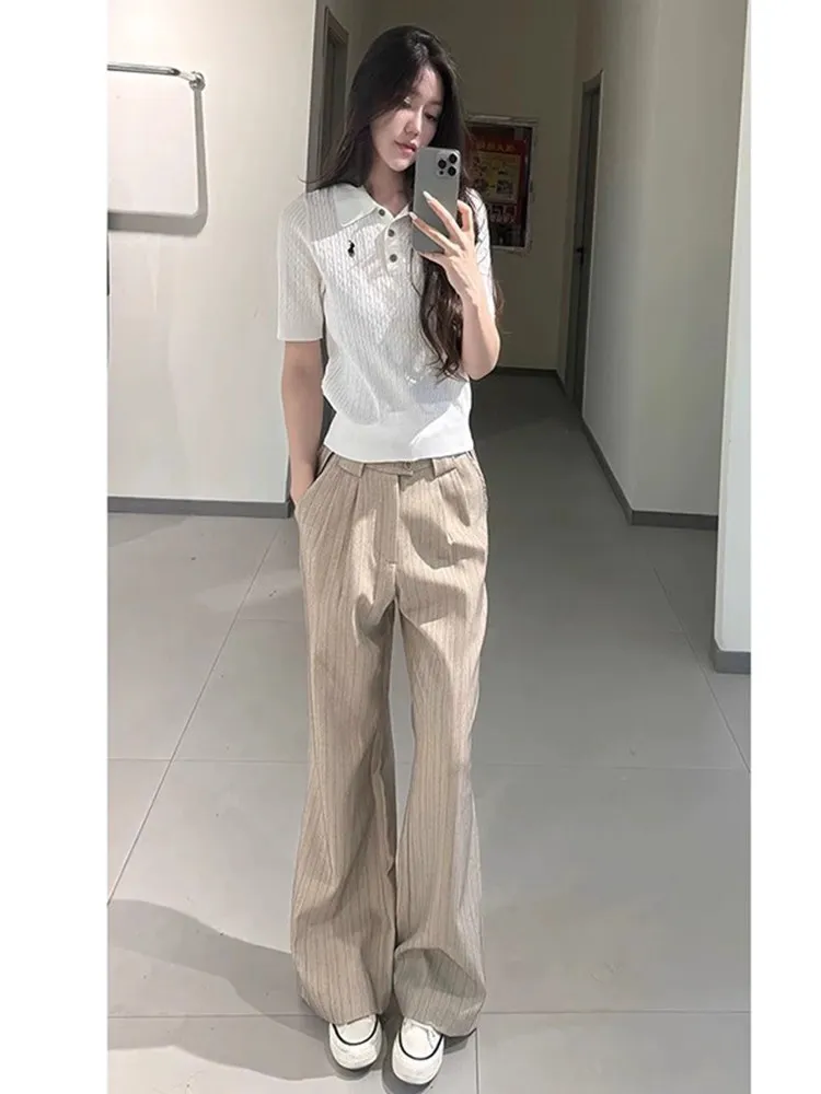 Men's Casual Striped Straight Leg Pants Commute Wide Leg Double Button Suit Trousers Floor-Length Casual Style Spring Season