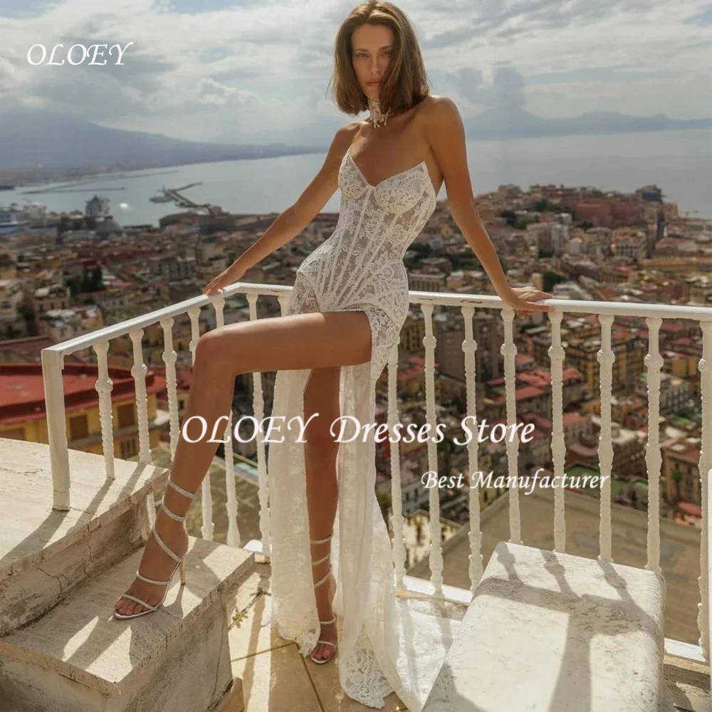 OLOEY Customized Off-white Lace Wedding Dress Strapless Lace-Up Back Side High Split vestidos de noiva Mermaid Evening Dresses