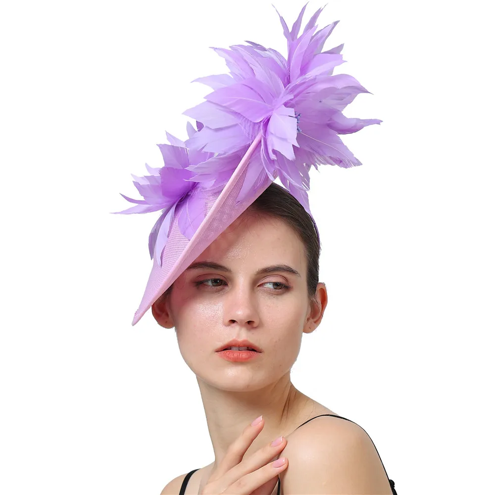 

New Purple Women Sinamay Fascinator Cocktail Party Big Hat Wedding Church Fascinator Feather Flower Derby Chapeau Cap Hair Clip