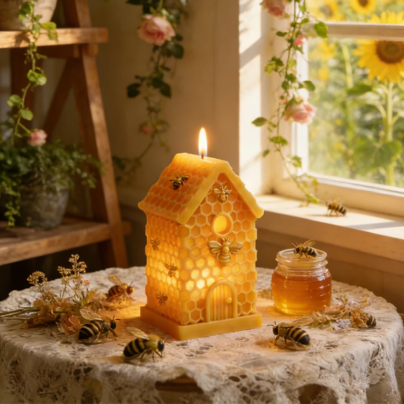 

Beehive Cottage Silicone Mold with Honeycomb Texture for Scented Candle Resin Plaster DIY Bee Theme Home Decor Gift