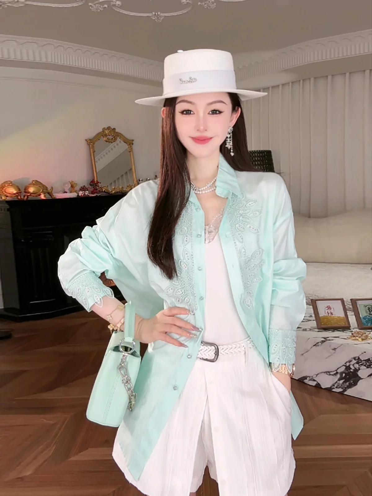 

XiaoXiao Yu【QingLian Mint】Lace Trimmed Midi Length Hemp irt New Autumn Wear Casual Loose Fit Long Sve Women's irt