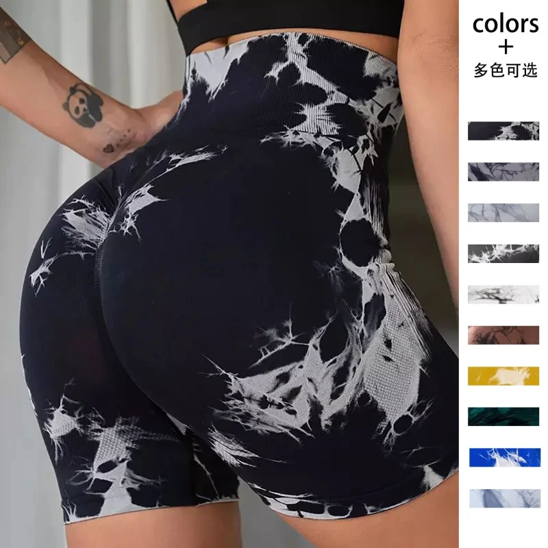 Summer European and American Tie-Dyed Three-Point Fitness Pants Women's High Waist Hip Lift Tight Sports Running Peach Belly Con