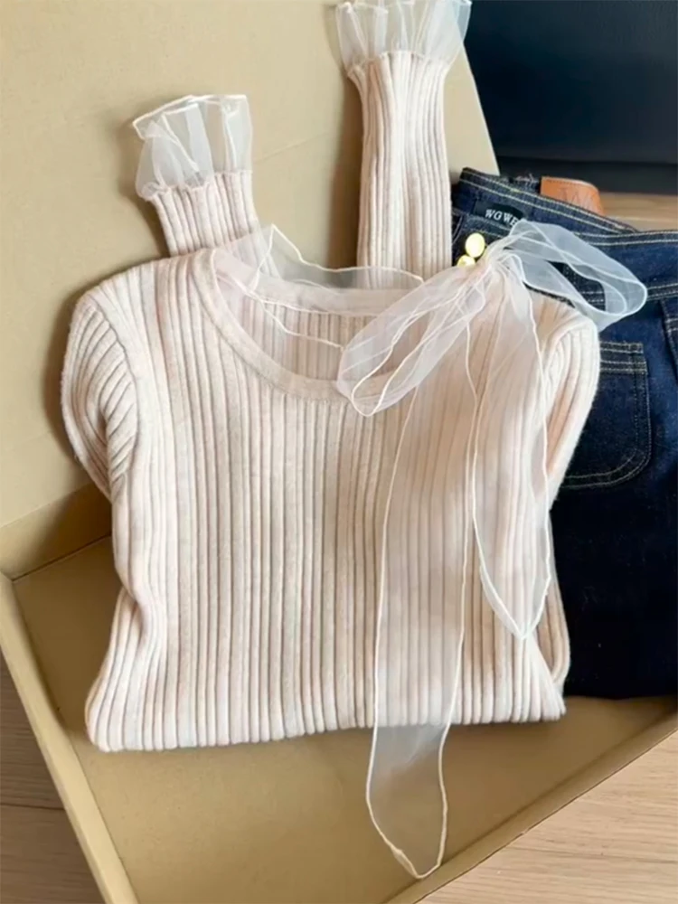 

Faionable Knitted Sweater with Ribbon Tie Me Splicing Women's plus Size Sli Versatile Top for Winter Season