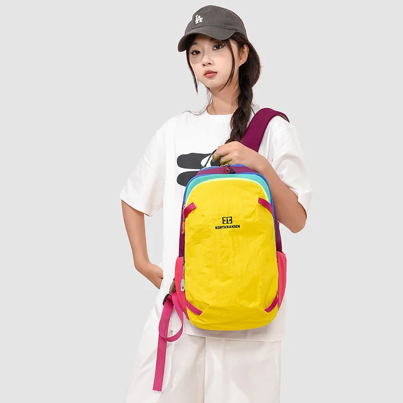 Women Bright Yellow Nylon Backpack Color Block Rucksack with Padded Straps Top Handle Casual Outdoor School Travel Bag