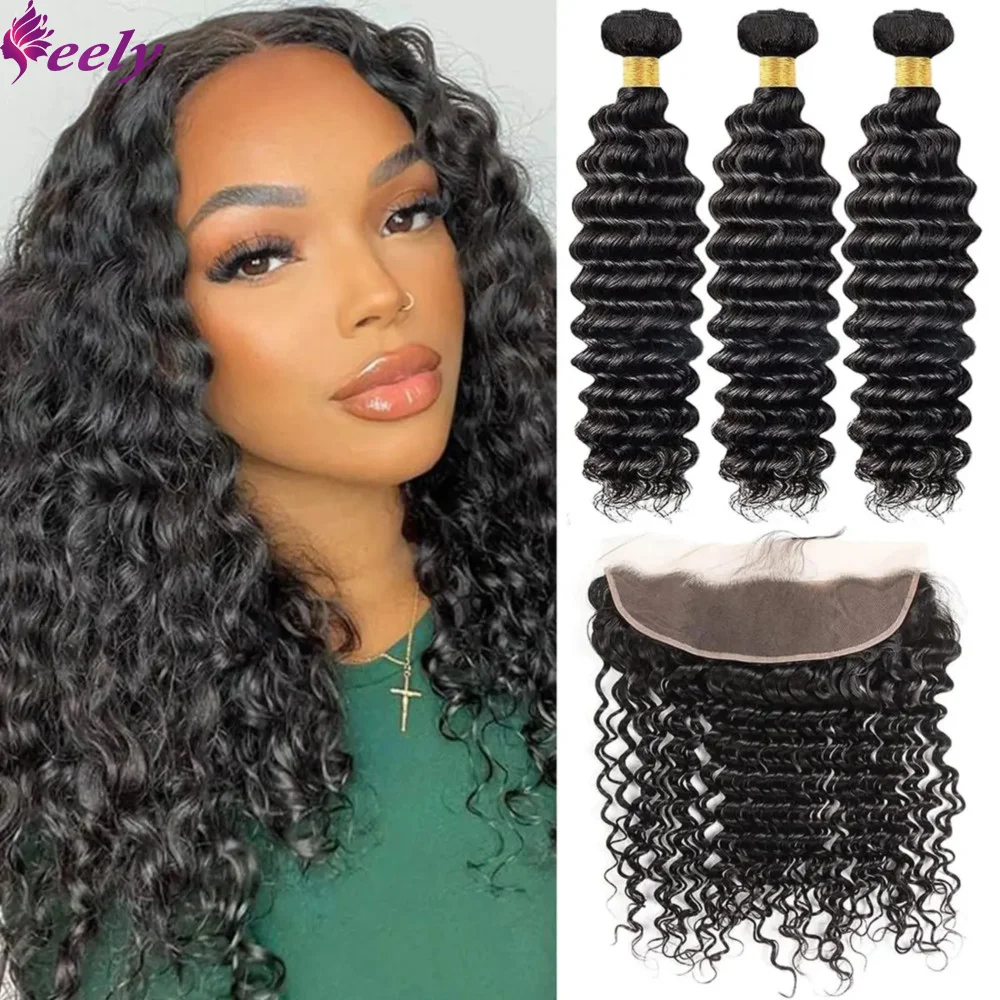 Pacotes de cabelo humano brasileiro com fechamento para mulheres, extensões de onda profunda, frontal, 13x4, HD, laço Weave, 3 pacotes, 100% cabelo humano