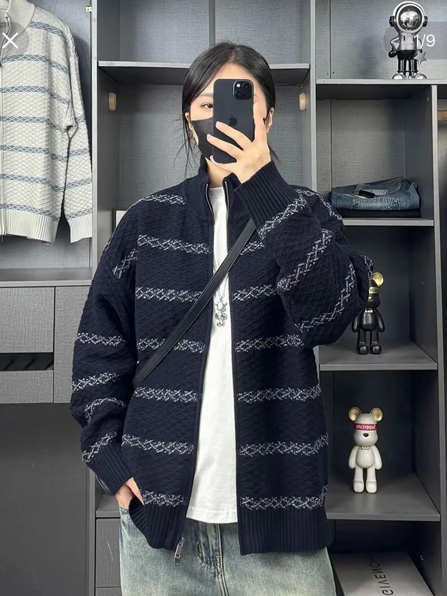 

Lazy style stand collar double zipper striped sweater cardigan women's fashion autumn new style loose thickened knitted jacket