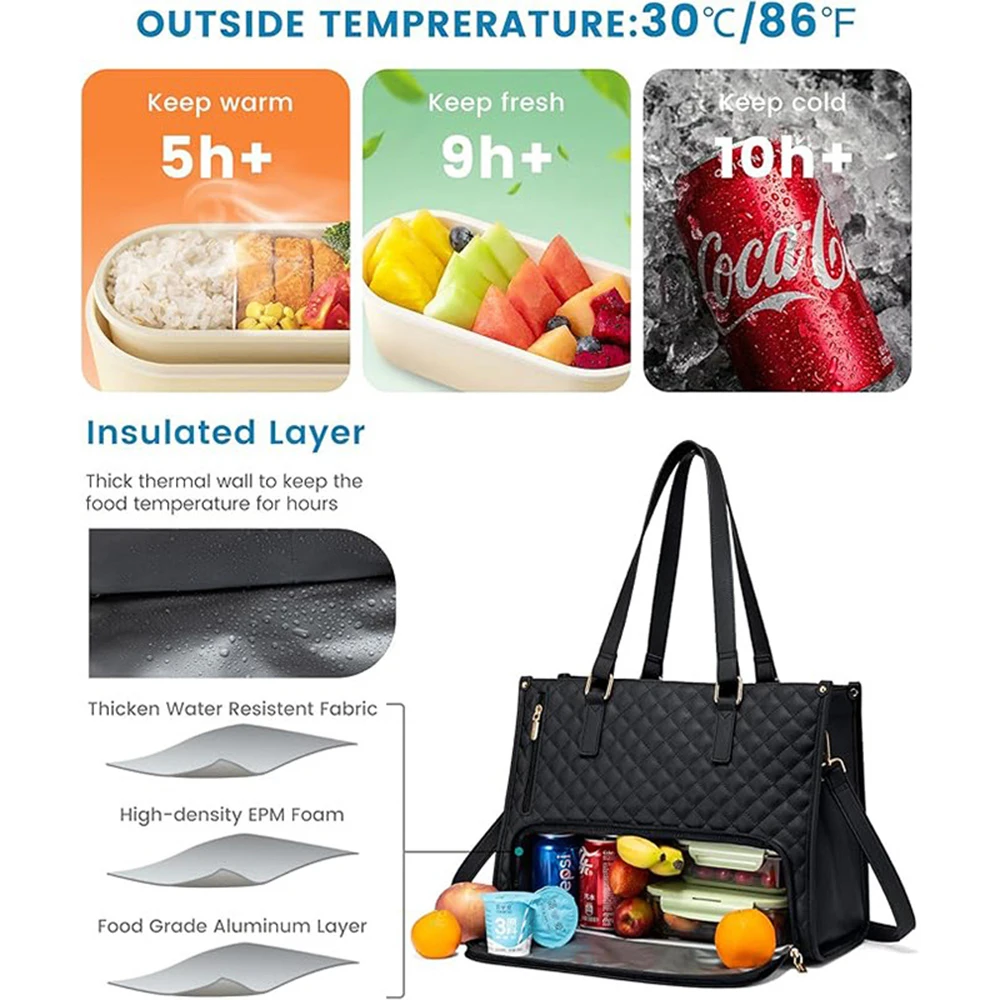 Multi-functional Lunch Bag Women Large Lunch Box Insulated Tote Bag with Multi-Pockets Quilted Puffy Tote for Work, Outdoors