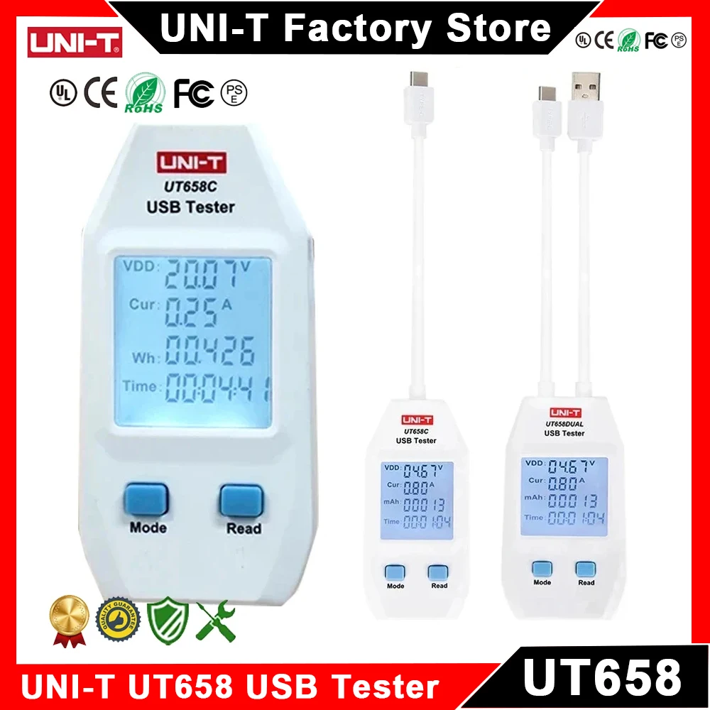 UNI-T UT658 USB تستر UT658C UT658DUAL شاحن نوع A/C شحن سريع القدرة الحالية اختبار مقاومة الطاقة USB السلطة متر