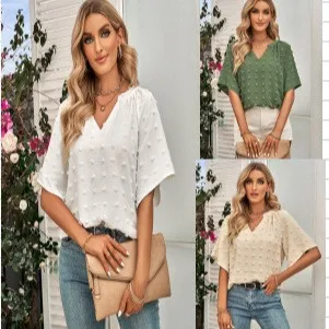 

Casual Loose Fit Blouse V Neck Short Sleeve Jacquard Textured Fabric Oversized Silhouette Batwing Sleeve Ruffled Neckline