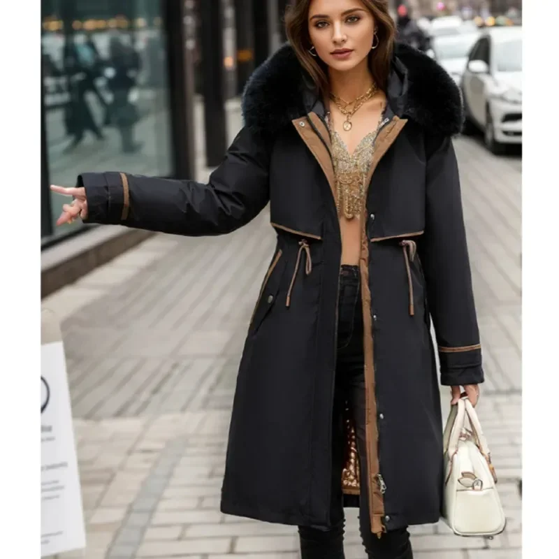 Women Thickened Parka 2024 New Arrivals Zipper Lined Warm Down Cotton Coat Fashion Cinched Waist False Fur Collar Hooded Jacket