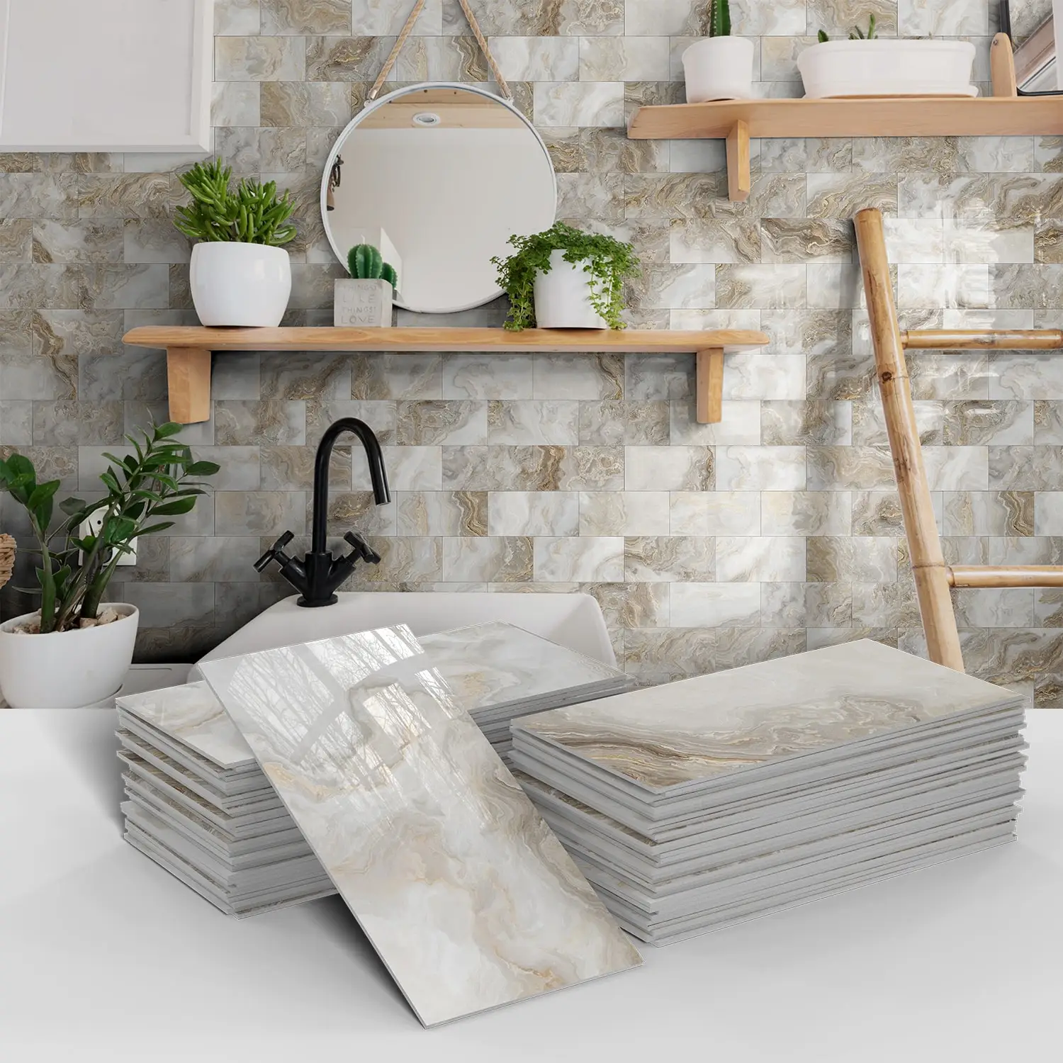 16PCS PET Thickened Foam Marble Pattern Tiles Sticker Kitchen Backsplash Oil-proof Peel & Stick Waterproof Art Wall Decals