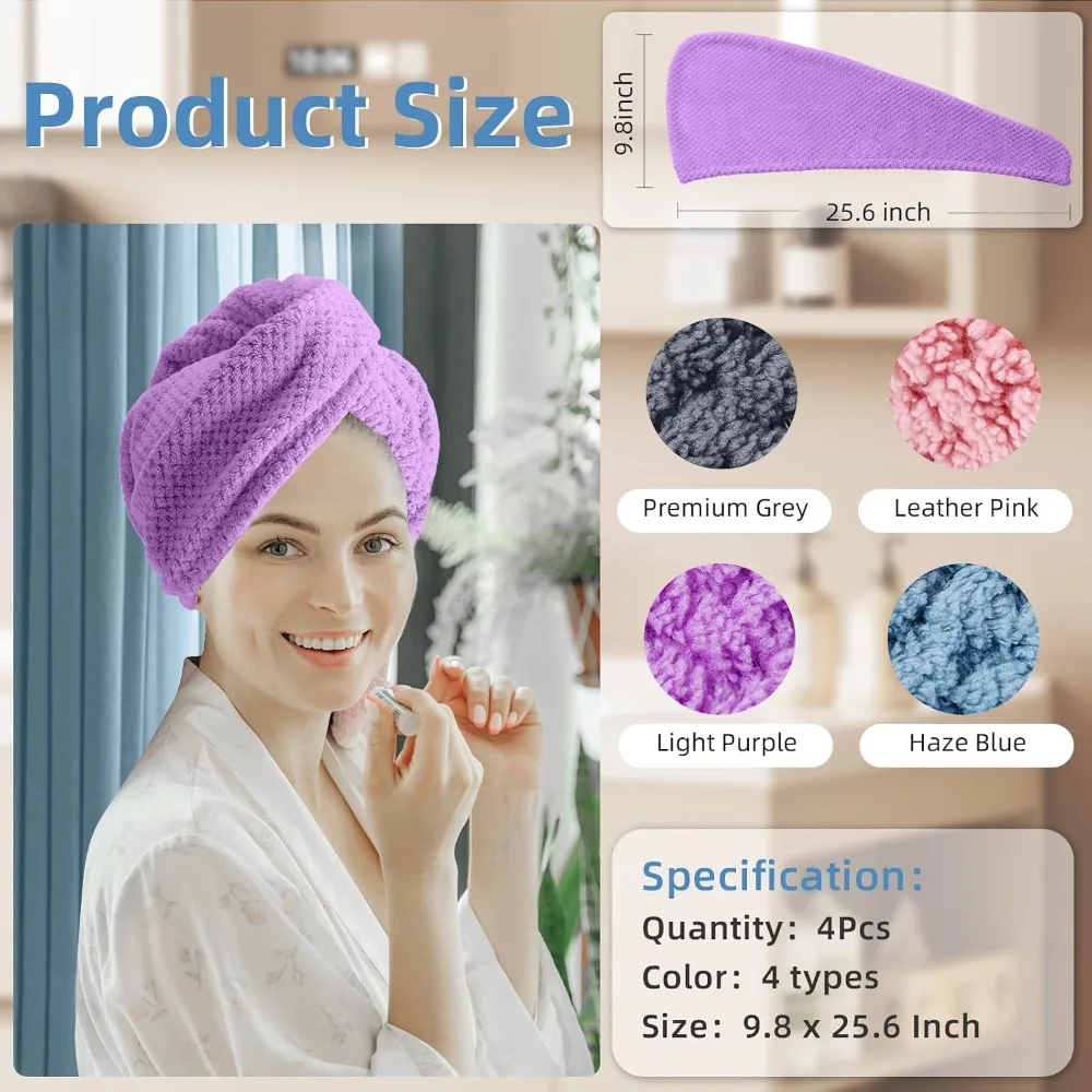 Microfiber Hair Towel Wrap 4 Pack Large Turban for Women Long Curly Wet Hair Quick Dry Bath Towel Headband Spa Hair Care Accessories