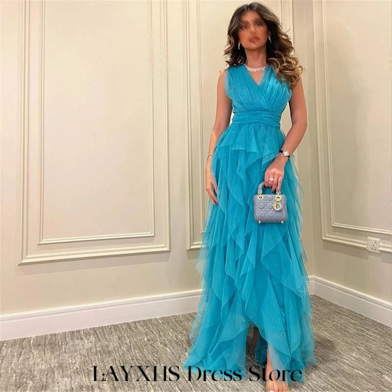 

LAYXHS Fashion V-Neck Evening Dresses Blue Tulle Ruffle Tulle A-Line Formal rom Dresses Customized فستان سهرة نسائي