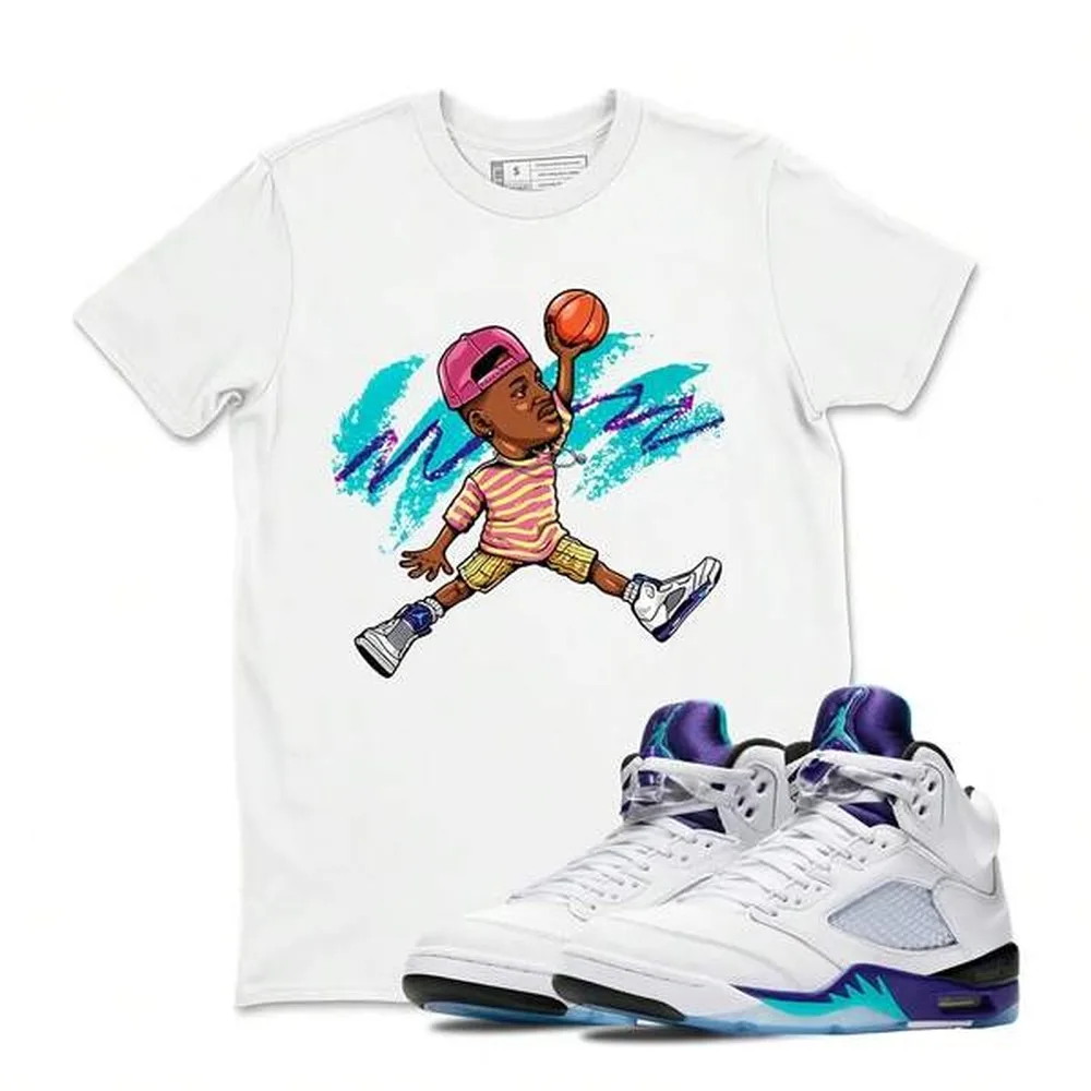 Sneaker Label Jordans 5 Grape Sneaker Matching Tshirt, Jordans 5 Grape T Shirt Match Fresh Prince Jumpman, Sneaker Label Jordans 5 Grape White
