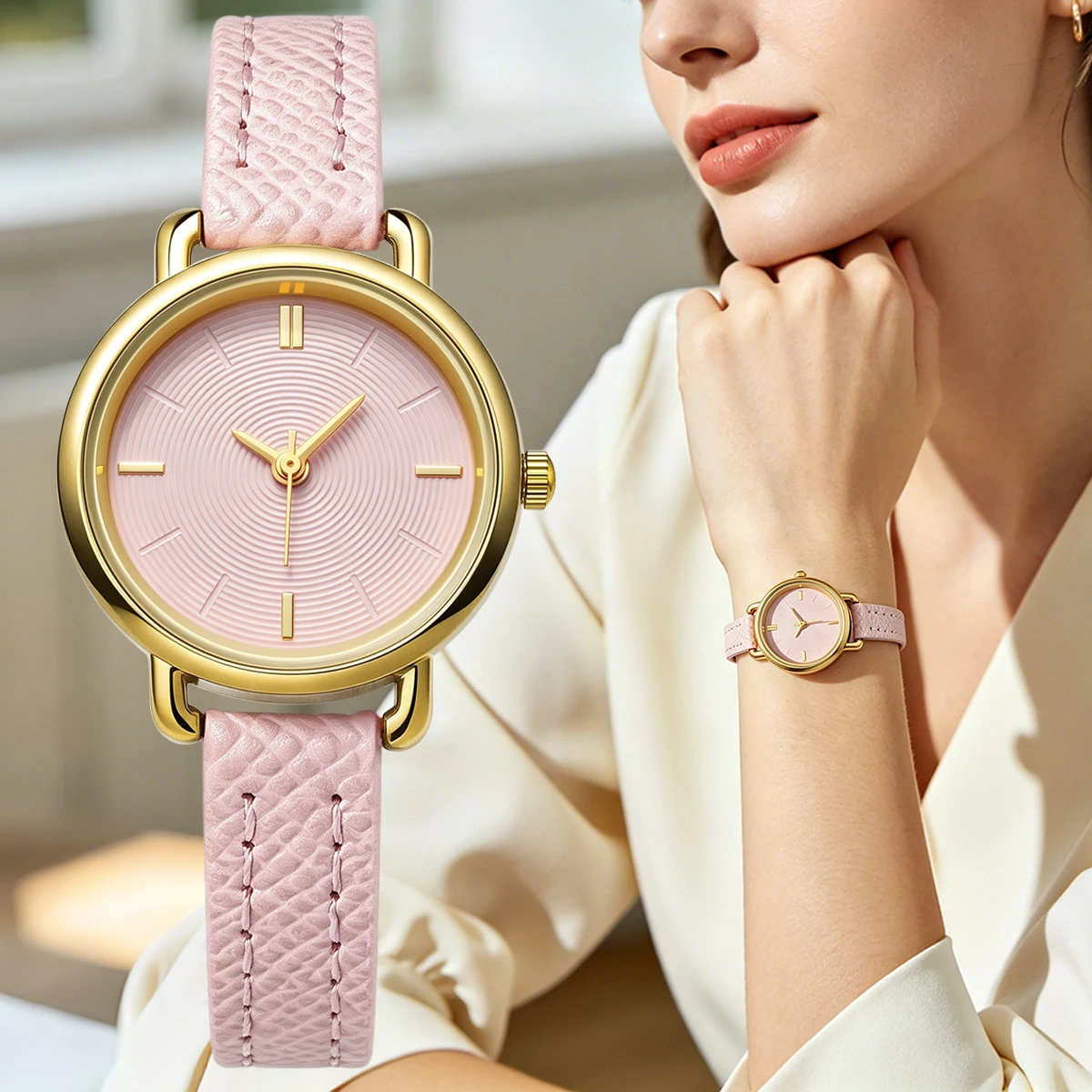 Women Elegant Round Quartz Wrist Watch Gold Case Leather Strap Simple Dial Ladies Watch