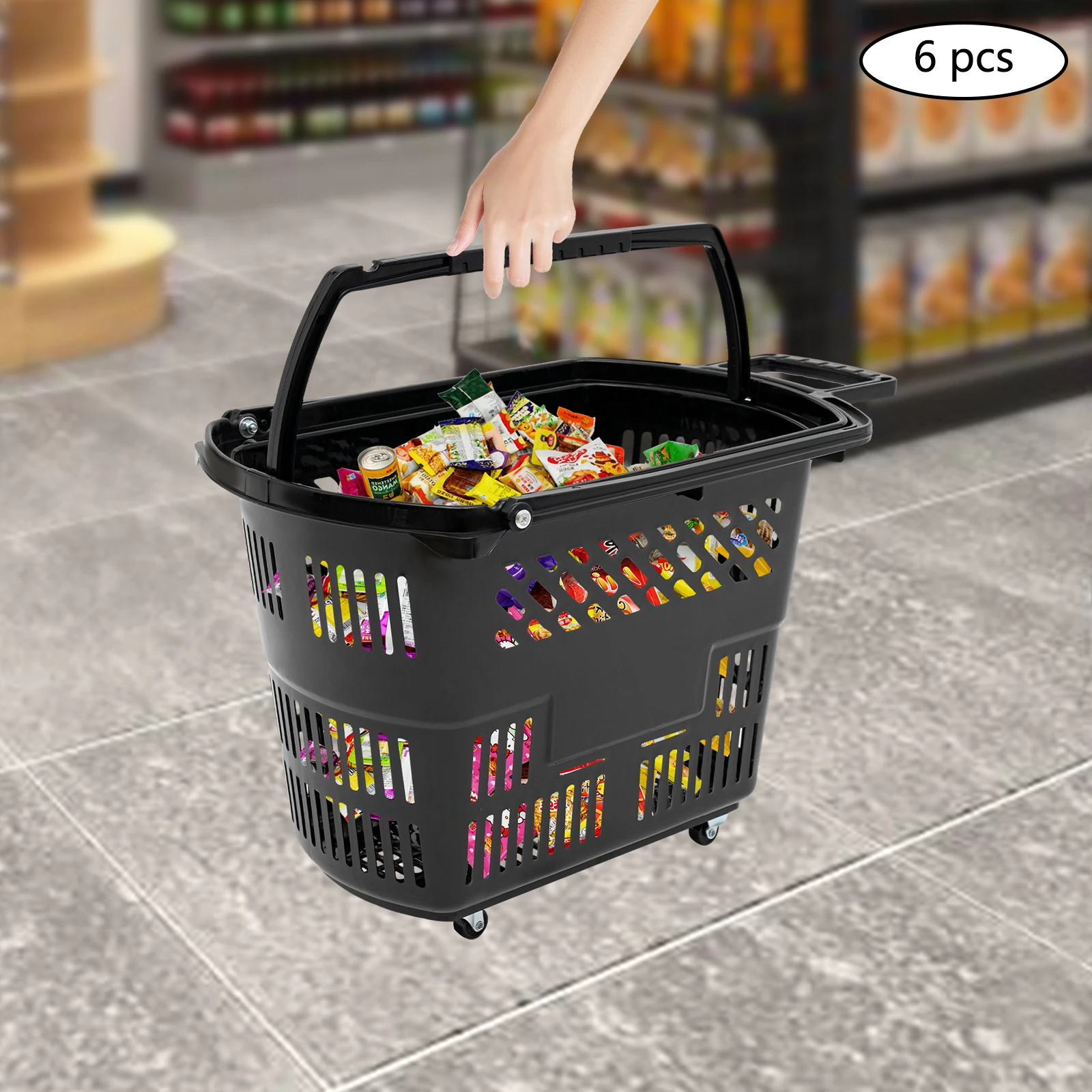 Carros de compras azules con ruedas y asa, cesta de plástico con ruedas, 35L, 6 uds.