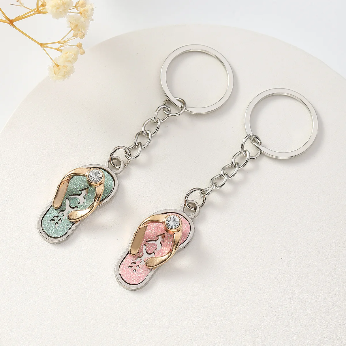 20Pcs Cute Glitter Flip Flops Keychain Mini Slipper Rhinestone Keyring Bag Pendant