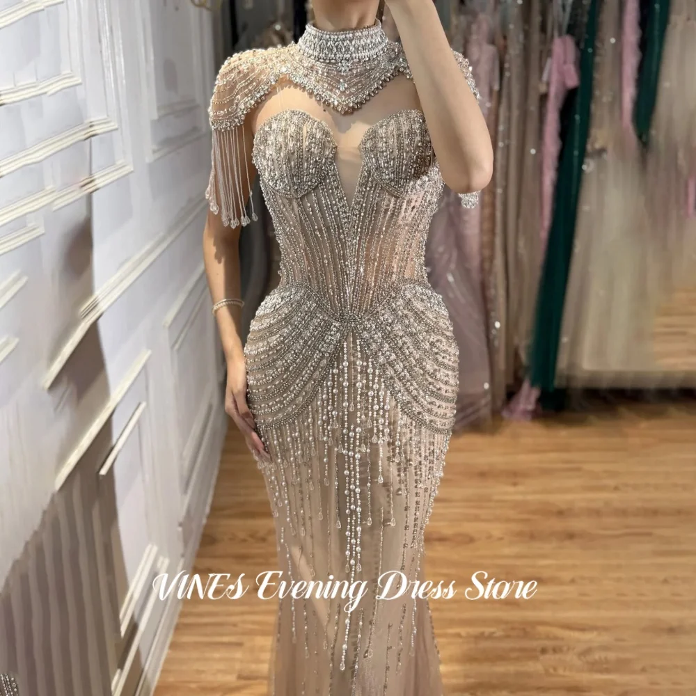 VINES Fabulous Champagne High Neck Evening Dress Crystal Prom Gown Tassel Cape Long Slim Mermaid Train Party Dresses Customized