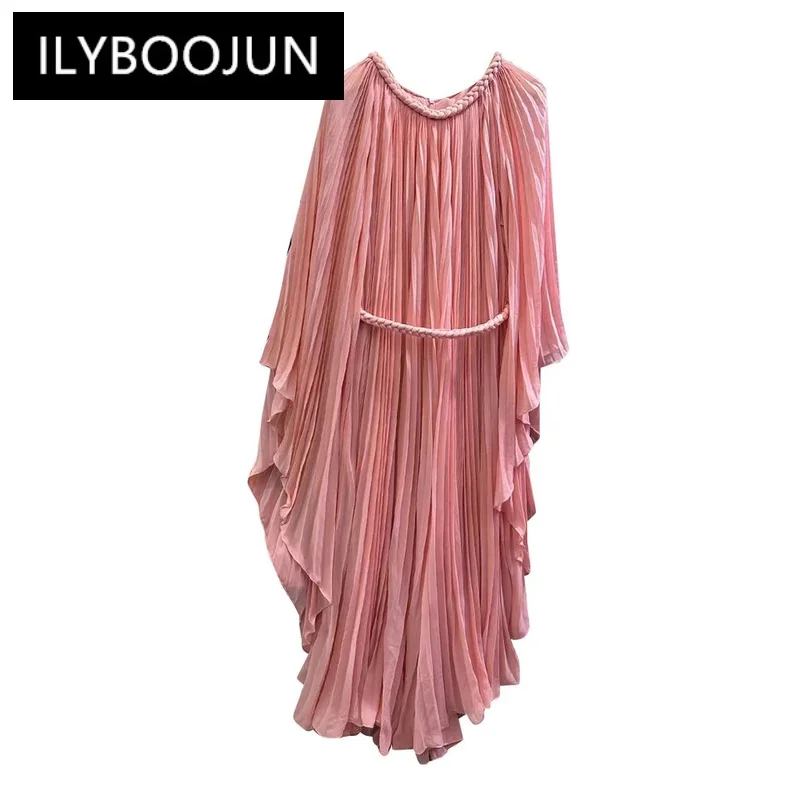 

ILYBOOJUN Solid Spliced Folds Loose Dresses For Women O Neck Batwing Sleeve High Waist Minimalist Chic Dress Female Clothes