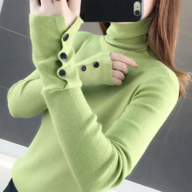 Women's Clothing Solid Color Button Long Sleeve Pullover Half High Collar Sweater Knitted Elegant Autumn Winter Commute Tops