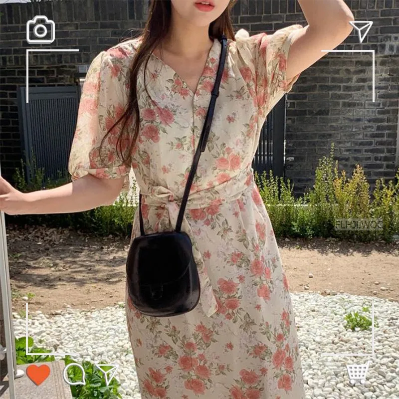 Kwiatowe piękne długie sukienki kobiety Korea japonia styl kompozycja z kwiatów opaska Vintage Tie duszpasterska śliczna szykowna sukienka Flhjlwoc Vestido