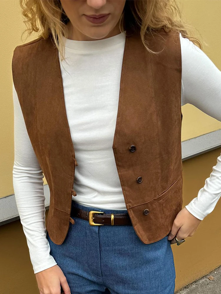

Street retro brown suede vest women's 2025 autumn casual V-neck workwear women's coat