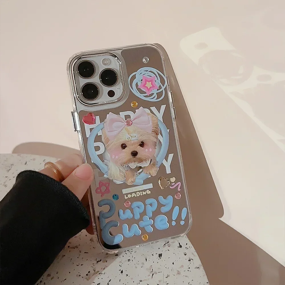 Pink bow tie puppy rhinestone dog plating Makeup mirror Phone Case For iPhone 16 15 14 13 12 Pro Max Case Cute sweet girls Cover