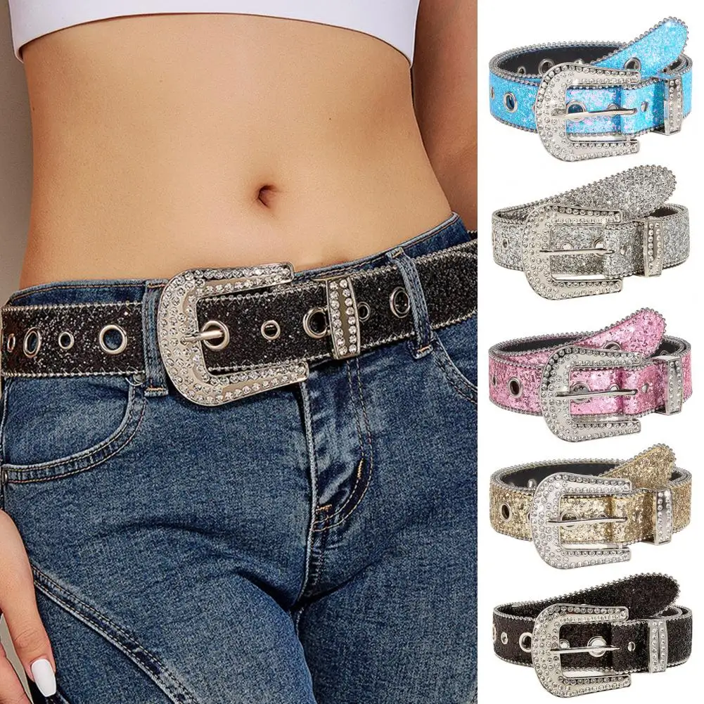 Women Jeans Belt Shiny Rhinestones Multi Holes Adjustable Length Waistband With Sparkling Buckle Wide Alloy Belt Женский Пояс