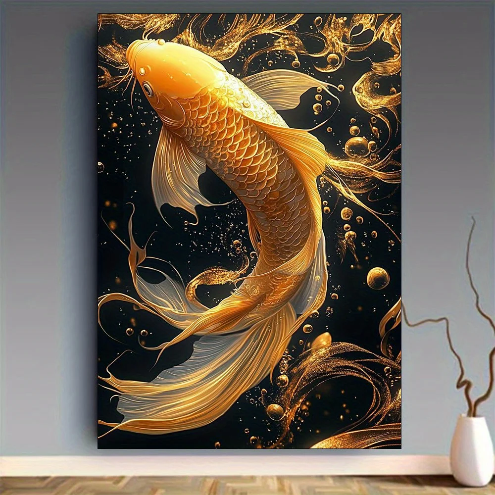 Golden Koi Fish Canvas Print – Ethereal Water Art, Black Background, Sparkling Scales, Frameless for Home Office Decor