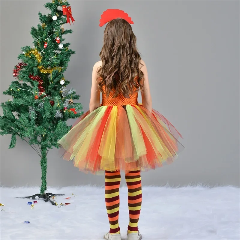 Girls Thanksgiving Cosplay Costume Sleeveless Turkey Tulle Dress Headband Socks Sets for Cosplay Party