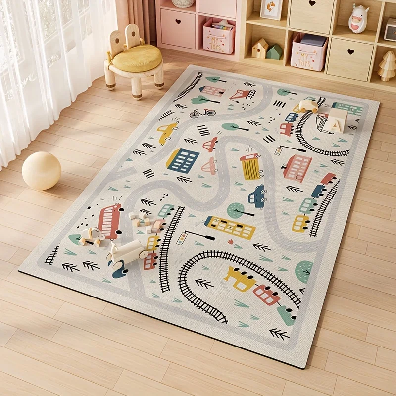 VIKAMA Kids City Road‑track Play Mat Cartoon Building Car Airplane Print Soft Non‑slip Game Floor Rug For Playroom Rug