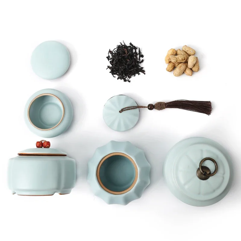 Creative Pumpkin Shape Ceramic Tea Can Light Blue Moisture-proof Sealed Jar Ornament Large Capacity Storage Container Home Decor