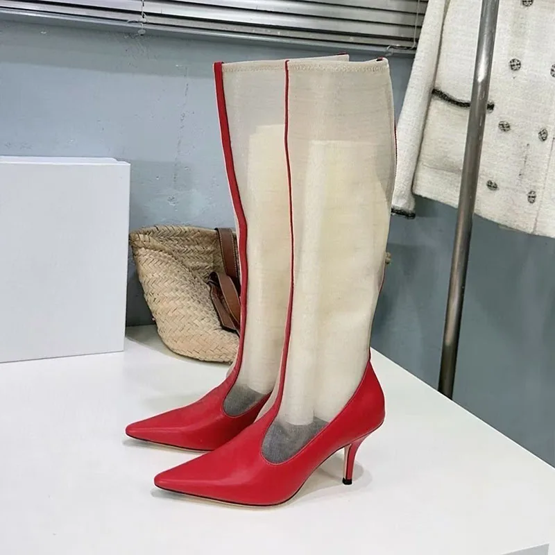 Women Thin High Heels Knee High Boots Pointed Toe Real Leather Gauze Patchwork Long Boots Runway Spring Autumn Modern Boots