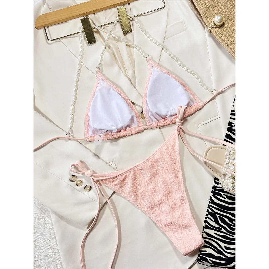 Gefalteter Perlen-Neckholder-Bikini, Damen-Badeanzug, zweiteiliges Bikini-Set, Badeanzug mit gekreuztem Rücken, Badebekleidung, Schwimmanzug V4272 – Detail 9