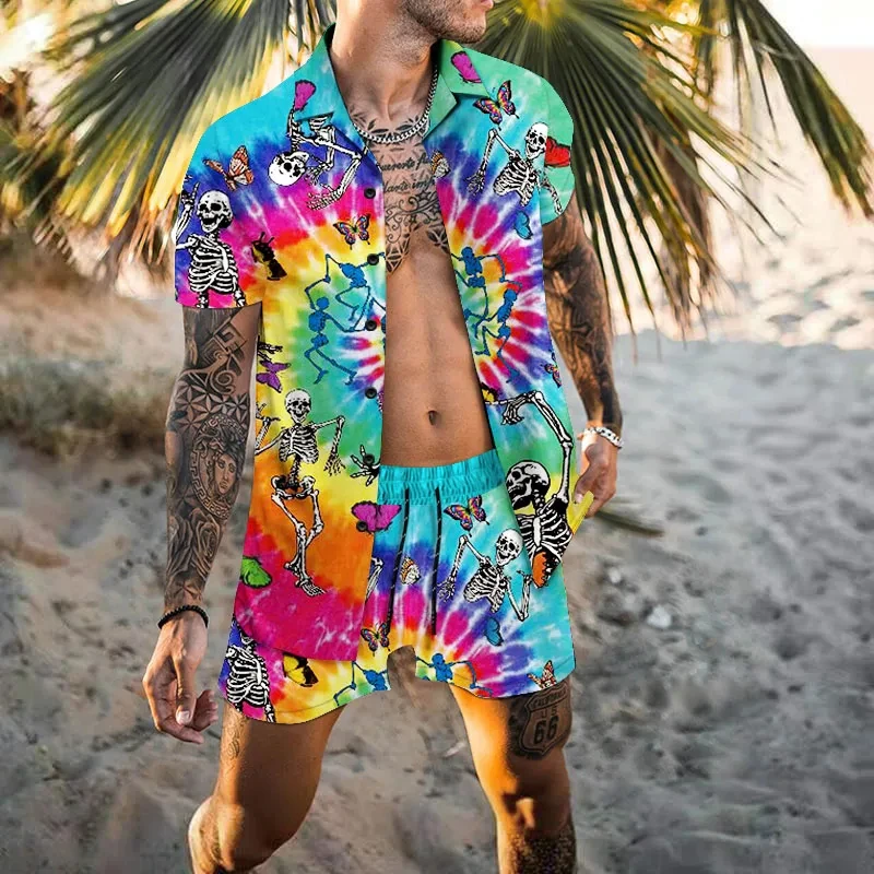 Cárdigan Hawaiano para hombre, conjunto de 2 piezas, camisa de manga corta con botones y estampado 3D, pantalones cortos de playa para vacaciones,